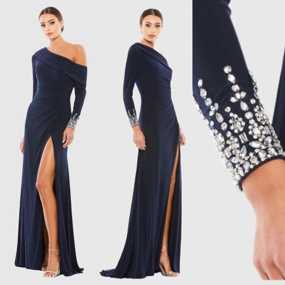 Mac‎ Duggal 12231 Size 6 Dark Blue Drop Shoulder Jersey Jeweled Maxi Gown Dress - Picture 2 of 6